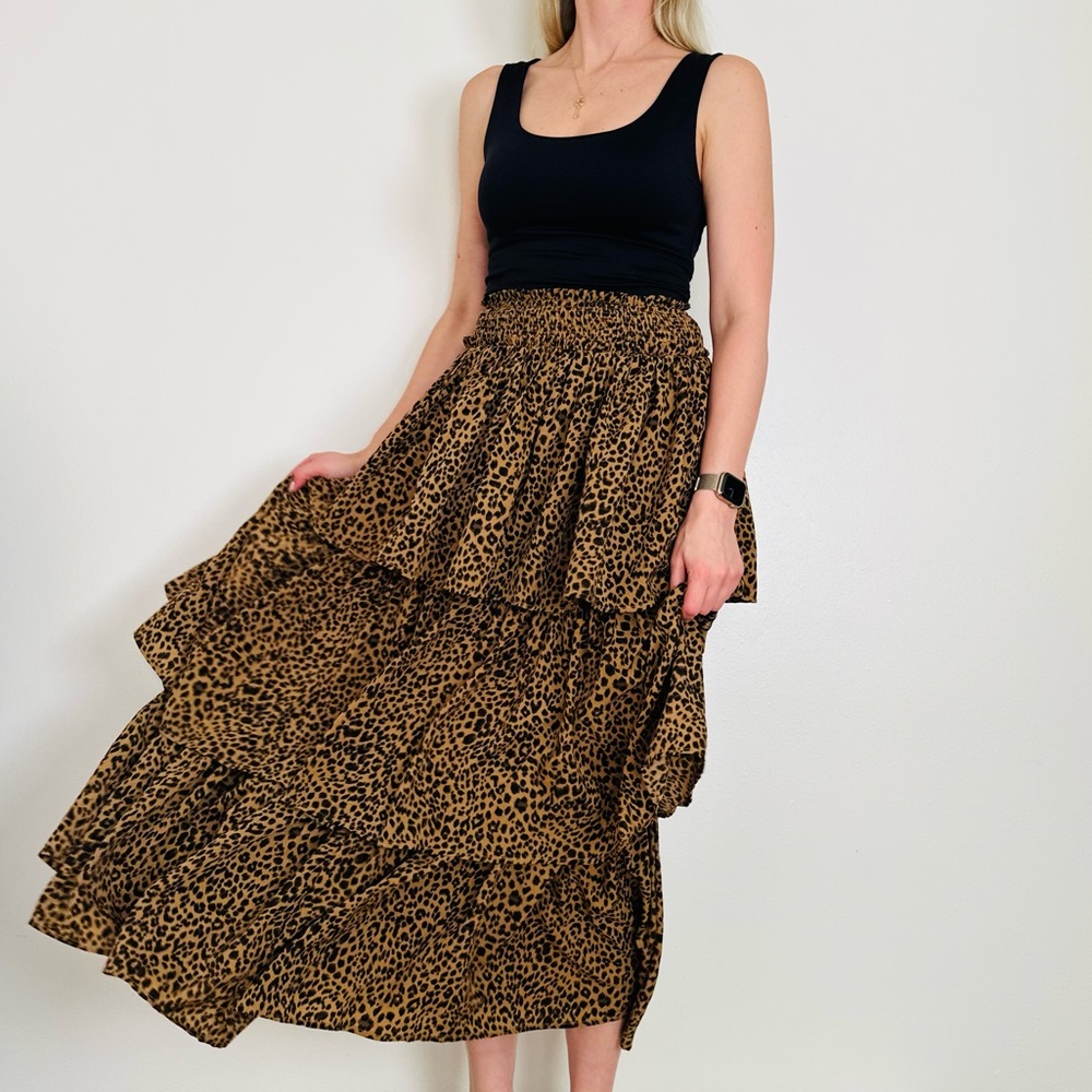 New American Threads Leopard Animal Print Tiered Flare Lightweight Maxi Skirt